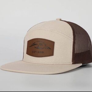 American Flyway Waterfowl Leather Patch Pale Khaki & Brown 7 Panel Trucker